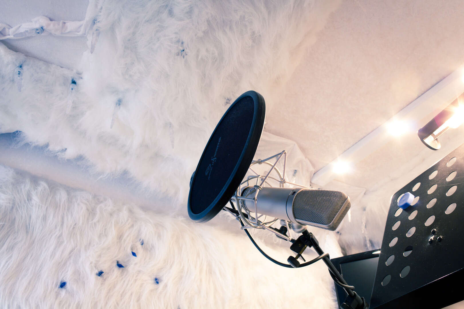 Einblick in die Sprecherkabine im Eishöhlen Look. Das Mikrofon Neumann U87 auf dem Mikrofonständer und im Hintergrund die in weiß gehaltene Aufnahmekabine